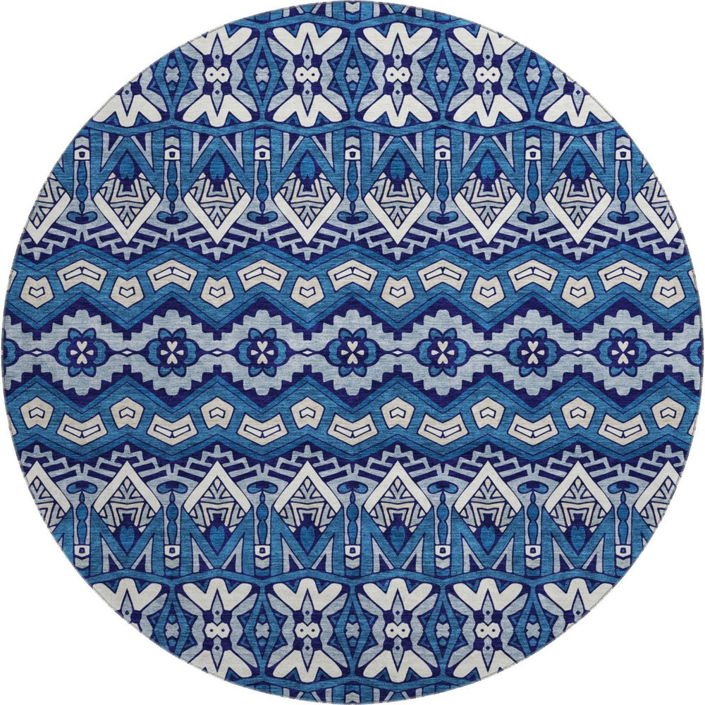 HomeRoots 8' Moroccan Washable Round Rug in Navy Blue, Ivory & Beige - Durable, UV-Protected, Easy Care Design 672281