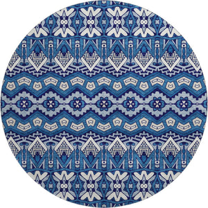 HomeRoots 8' Moroccan Washable Round Rug in Navy Blue, Ivory & Beige - Durable, UV-Protected, Easy Care Design 672281