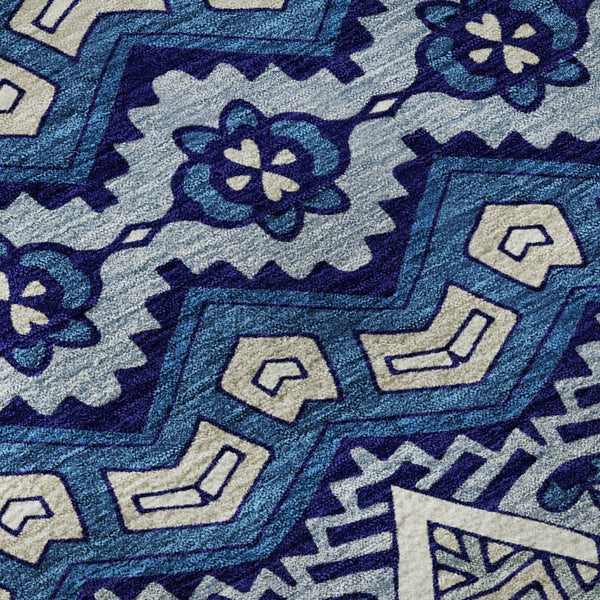 HomeRoots 8' Moroccan Washable Round Rug in Navy Blue, Ivory & Beige - Durable, UV-Protected, Easy Care Design 672281