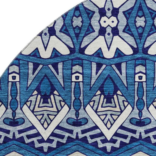 HomeRoots 8' Moroccan Washable Round Rug in Navy Blue, Ivory & Beige - Durable, UV-Protected, Easy Care Design 672281