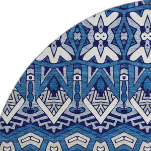 HomeRoots 8' Moroccan Washable Round Rug in Navy Blue, Ivory & Beige - Durable, UV-Protected, Easy Care Design 672281