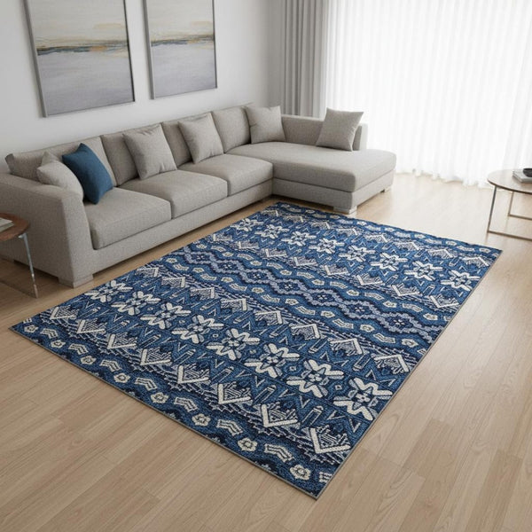 HomeRoots 8' X 10' Moroccan Patterned Area Rug in Navy Blue, Ivory & Beige - Washable & UV Protected Design! 672282