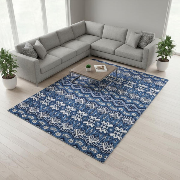 HomeRoots 9' X 12' Elegant Navy Blue Ivory Beige Moroccan Area Rug - Durable, Washable & UV Resistant Design 672283