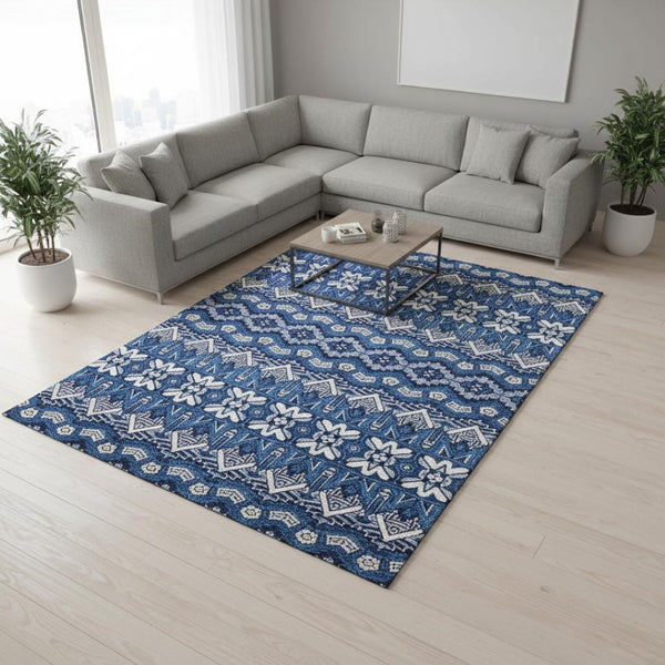 HomeRoots 10' X 14' Navy Blue Ivory Beige Moroccan Area Rug - Washable, UV Protected, Pet-Friendly Design! 672284