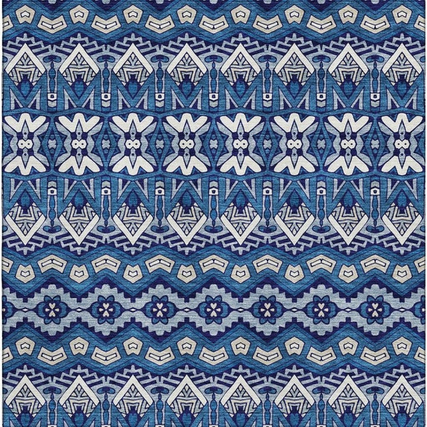 HomeRoots 10' X 14' Navy Blue Ivory Beige Moroccan Area Rug - Washable, UV Protected, Pet-Friendly Design! 672284