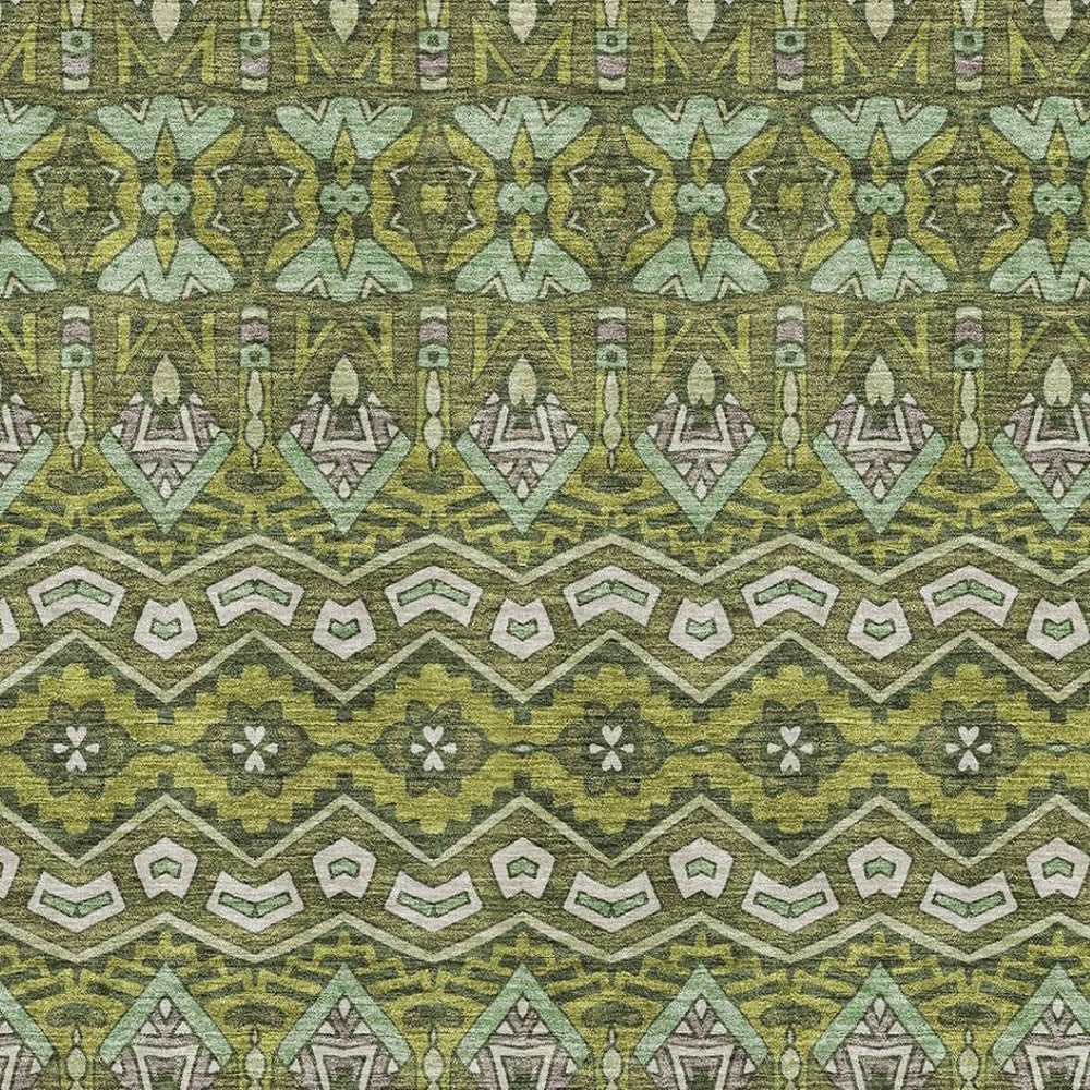 HomeRoots 5' Moroccan-Inspired Washable Area Rug in Olive Green & Beige - UV Protected, Stain-Resistant Comfort 672286