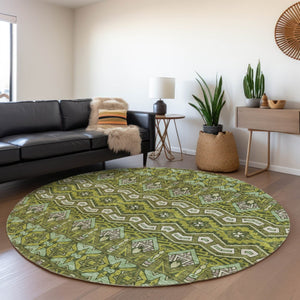 HomeRoots 8' Olive Green and Beige Moroccan Round Rug – Washable, UV-Protected, Stain-Resistant Design for Homes 672287