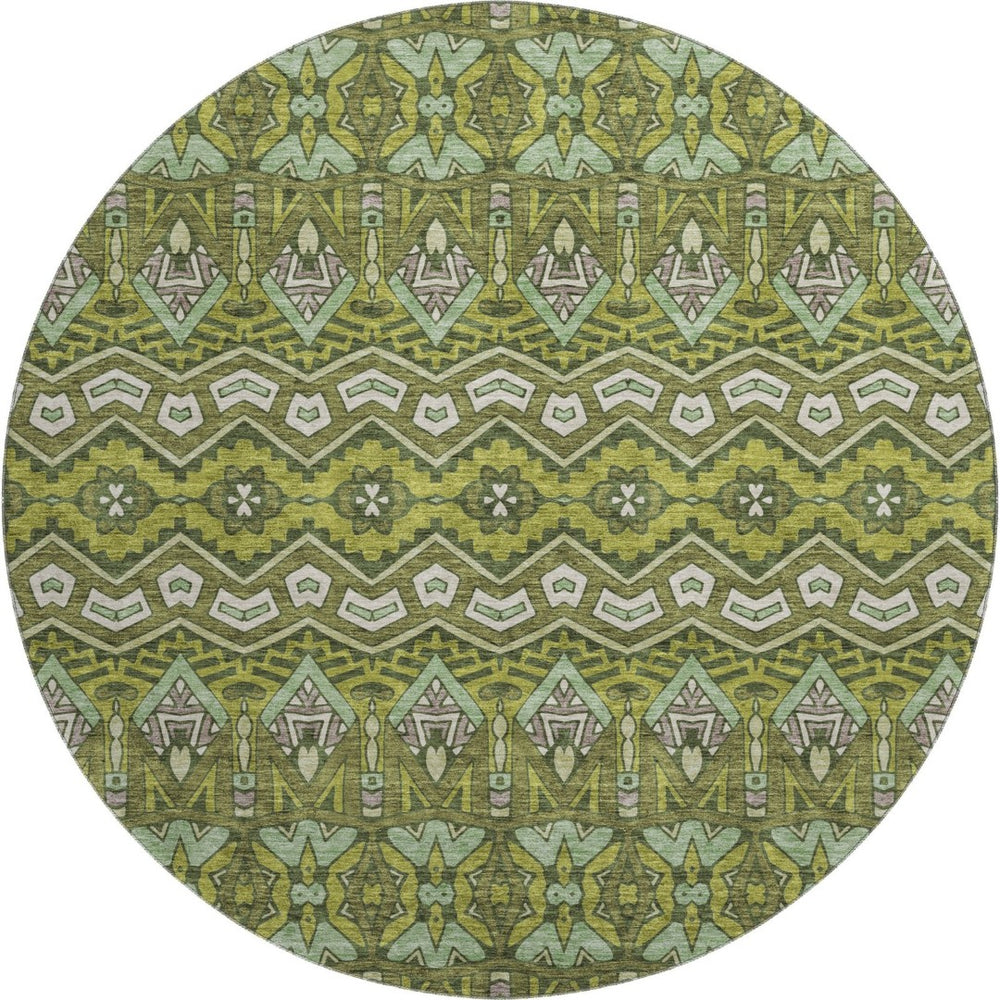 HomeRoots 8' Olive Green and Beige Moroccan Round Rug – Washable, UV-Protected, Stain-Resistant Design for Homes 672287
