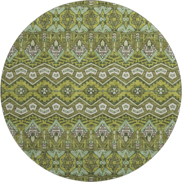 HomeRoots 8' Olive Green and Beige Moroccan Round Rug – Washable, UV-Protected, Stain-Resistant Design for Homes 672287