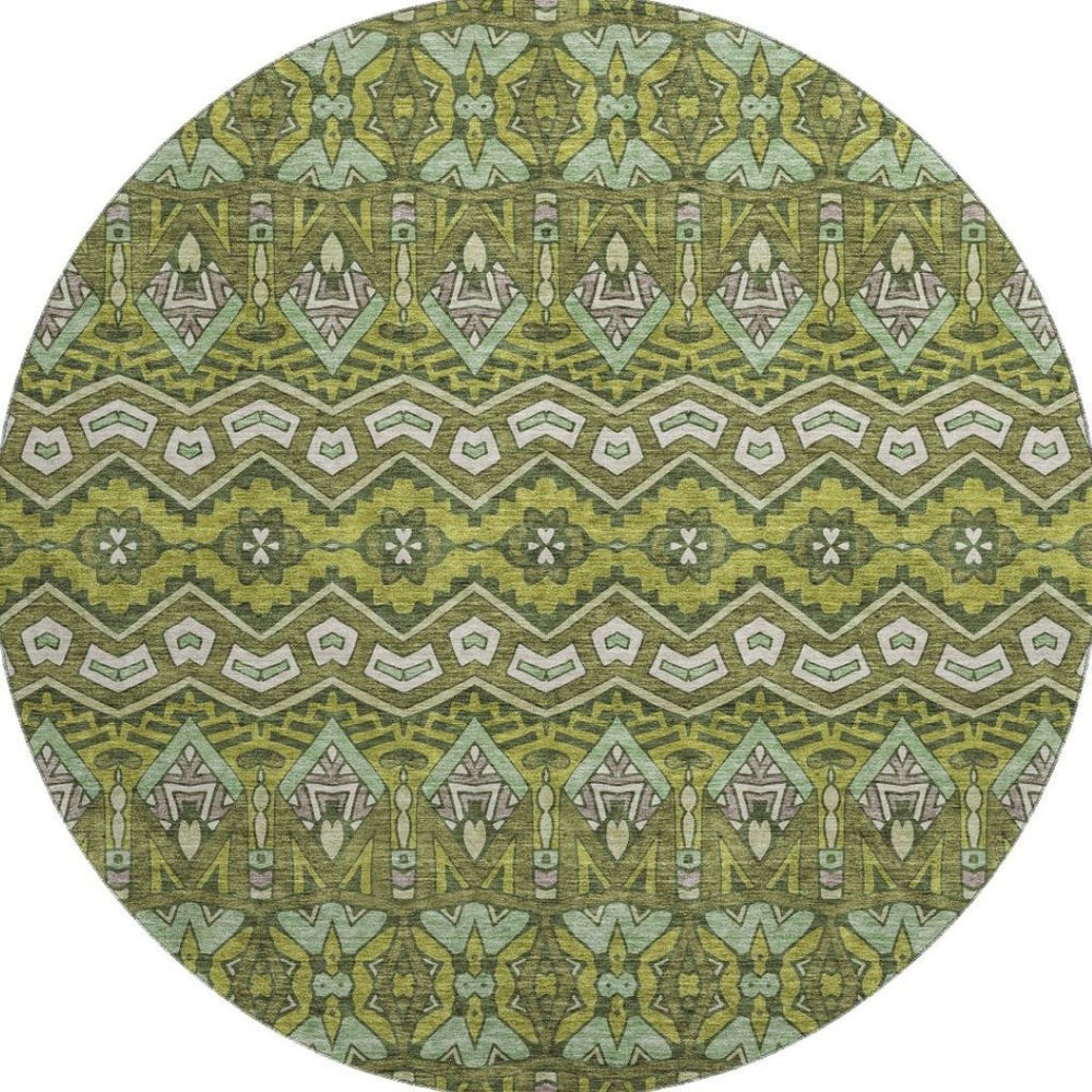 HomeRoots 8' Olive Green and Beige Moroccan Round Rug – Washable, UV-Protected, Stain-Resistant Design for Homes 672287