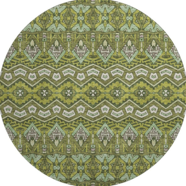 HomeRoots 8' Olive Green and Beige Moroccan Round Rug – Washable, UV-Protected, Stain-Resistant Design for Homes 672287