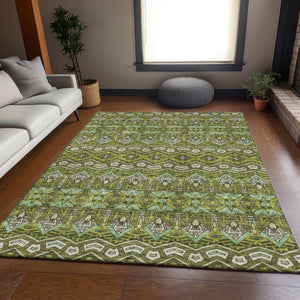 HomeRoots 9' X 12' Olive Green & Beige Moroccan Area Rug - Durable, Washable, UV-Protected for High Traffic Areas 672289