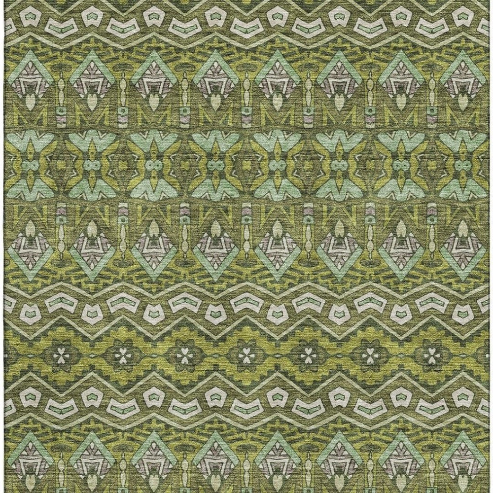 HomeRoots 10' X 14' Olive Green & Beige Moroccan Area Rug - Washable, UV Protected, Stain Resistant Design! 672290