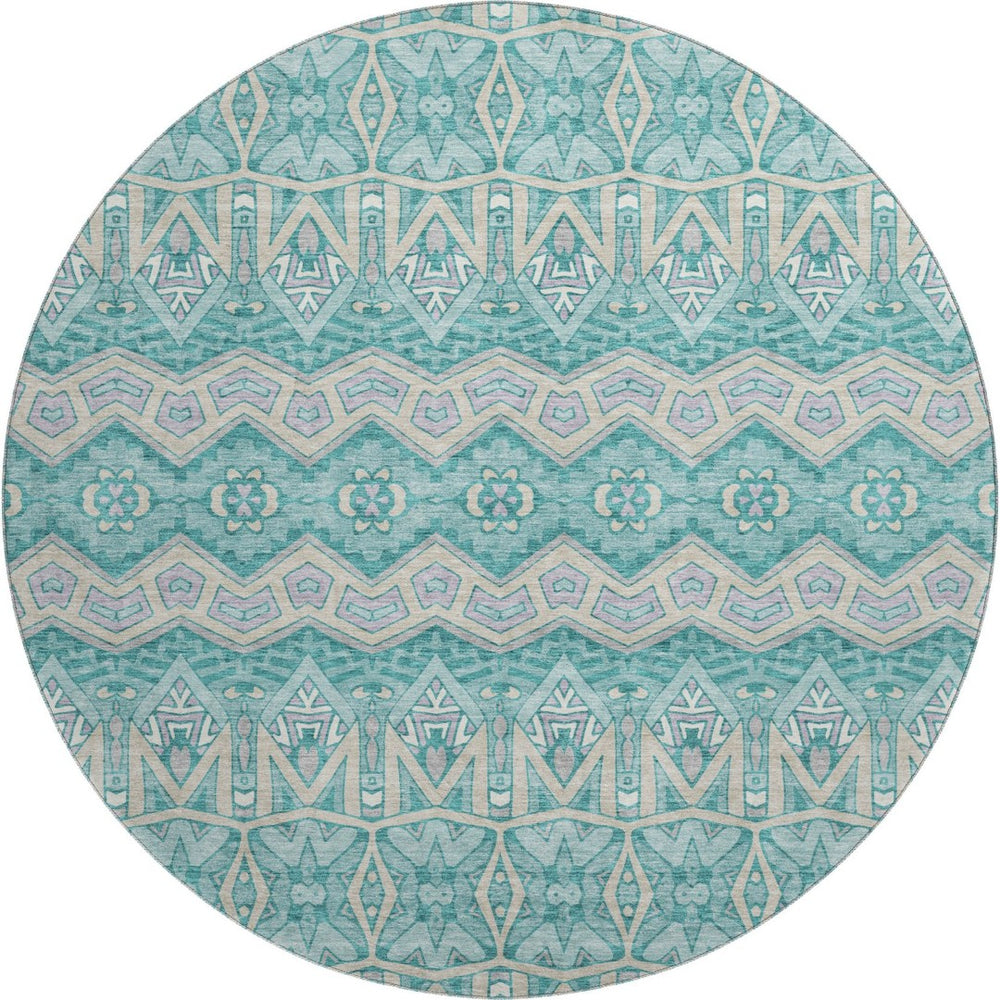 HomeRoots 8' Teal Beige Ivory Moroccan Round Rug - Washable, UV Protected & Stain-Resistant for Busy Homes 672299