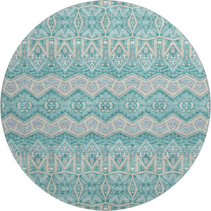 HomeRoots 8' Teal Beige Ivory Moroccan Round Rug - Washable, UV Protected & Stain-Resistant for Busy Homes 672299