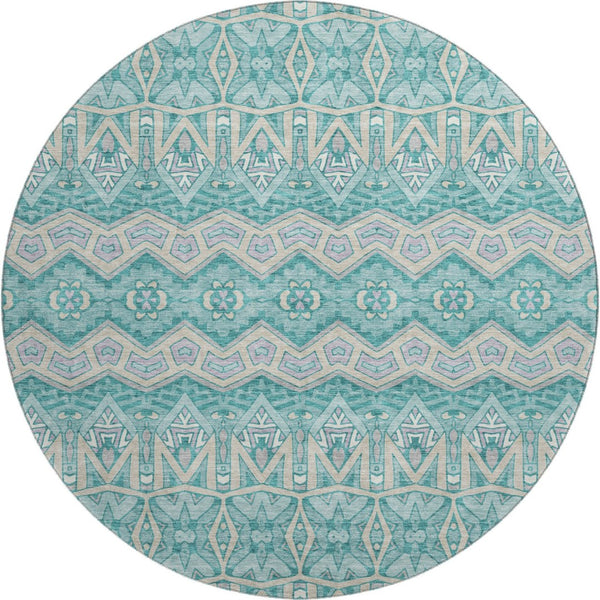 HomeRoots 8' Teal Beige Ivory Moroccan Round Rug - Washable, UV Protected & Stain-Resistant for Busy Homes 672299