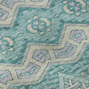 HomeRoots 8' Teal Beige Ivory Moroccan Round Rug - Washable, UV Protected & Stain-Resistant for Busy Homes 672299