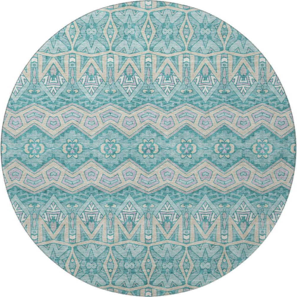 HomeRoots 8' Teal Beige Ivory Moroccan Round Rug - Washable, UV Protected & Stain-Resistant for Busy Homes 672299