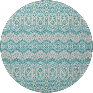 HomeRoots 8' Teal Beige Ivory Moroccan Round Rug - Washable, UV Protected & Stain-Resistant for Busy Homes 672299
