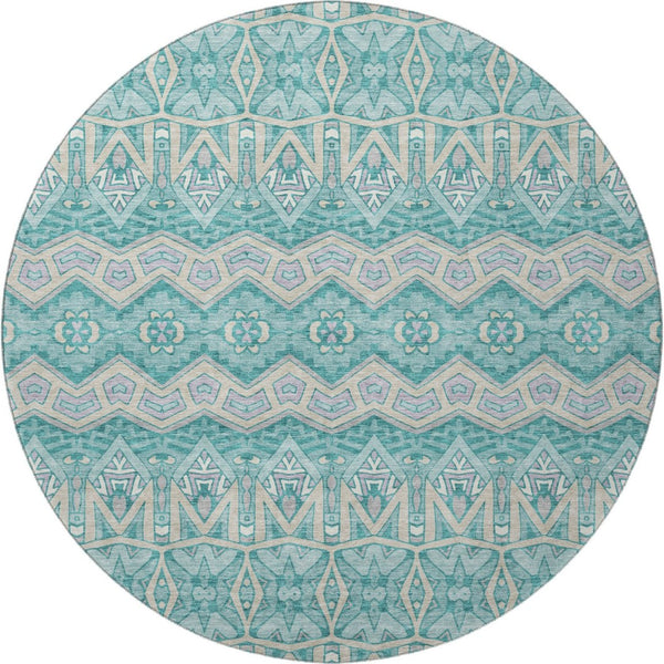HomeRoots 8' Teal Beige Ivory Moroccan Round Rug - Washable, UV Protected & Stain-Resistant for Busy Homes 672299