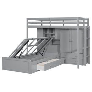 English Elm Twin Bunk Bed with Wardrobe Drawers Hydraulic Lift Shelves Kids Storage Gray LT000666AAE-1