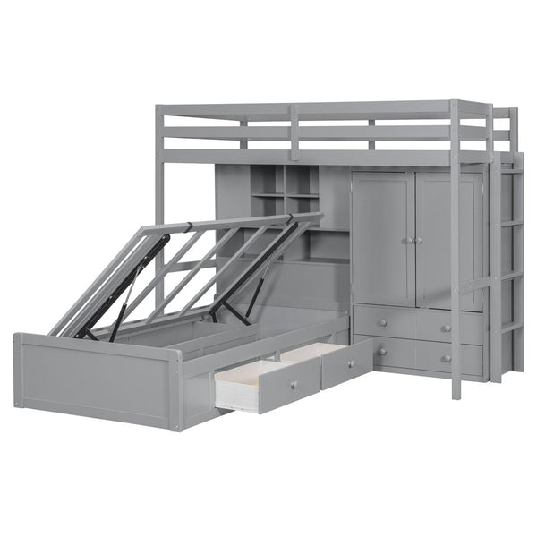 English Elm Twin Bunk Bed with Wardrobe Drawers Hydraulic Lift Shelves Kids Storage Gray LT000666AAE-1
