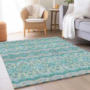 HomeRoots 8' X 10' Moroccan Area Rug in Teal, Beige & Ivory - Washable, UV-Protected, Stylish & Durable! 672300