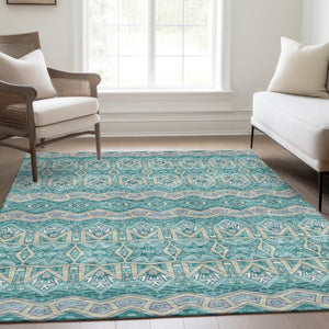 HomeRoots 8' X 10' Moroccan Area Rug in Teal, Beige & Ivory - Washable, UV-Protected, Stylish & Durable! 672300