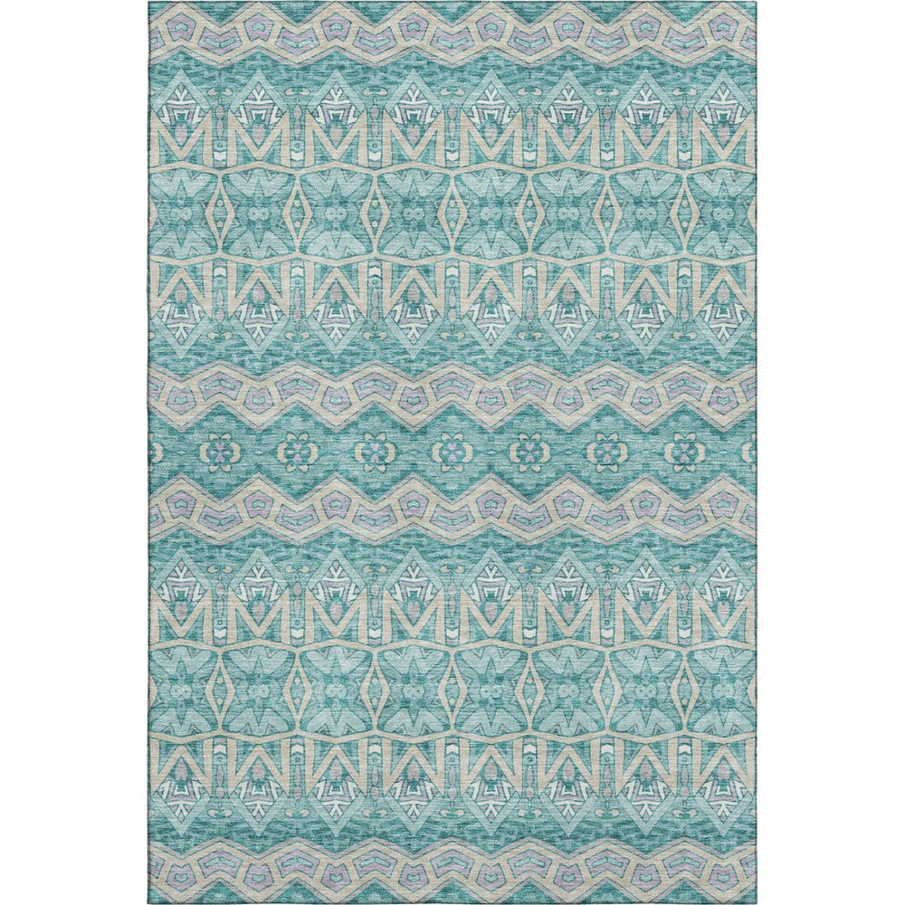 HomeRoots 10' X 14' Teal Beige Ivory Moroccan Area Rug - Washable, UV-Protected, Soft & Stylish for Homes 672302
