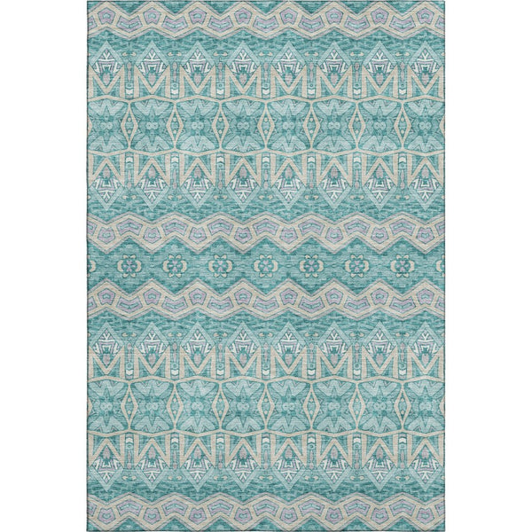 HomeRoots 10' X 14' Teal Beige Ivory Moroccan Area Rug - Washable, UV-Protected, Soft & Stylish for Homes 672302