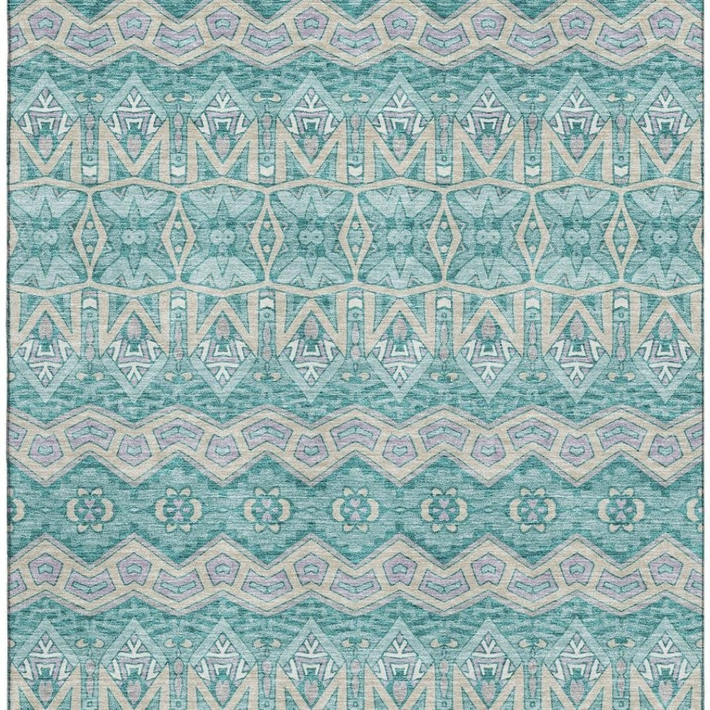 HomeRoots 10' X 14' Teal Beige Ivory Moroccan Area Rug - Washable, UV-Protected, Soft & Stylish for Homes 672302