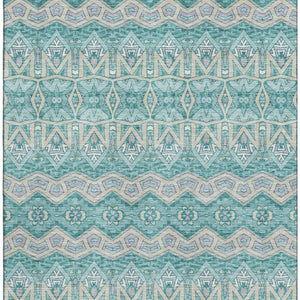 HomeRoots 10' X 14' Teal Beige Ivory Moroccan Area Rug - Washable, UV-Protected, Soft & Stylish for Homes 672302