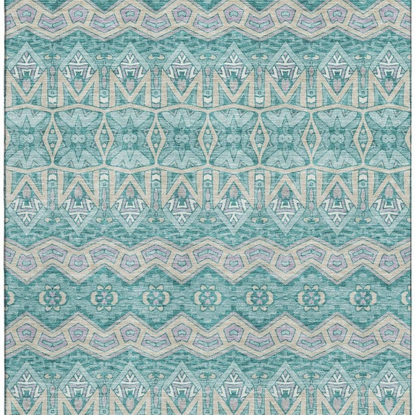 HomeRoots 10' X 14' Teal Beige Ivory Moroccan Area Rug - Washable, UV-Protected, Soft & Stylish for Homes 672302