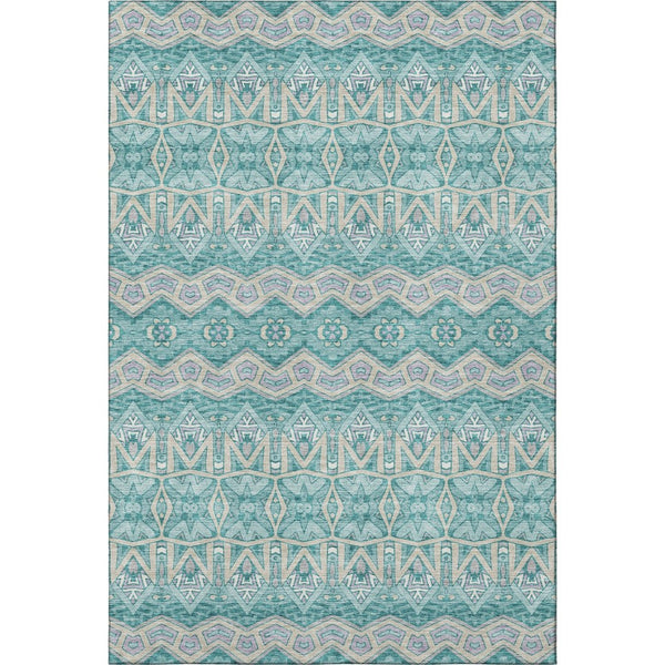 HomeRoots 10' X 14' Teal Beige Ivory Moroccan Area Rug - Washable, UV-Protected, Soft & Stylish for Homes 672302