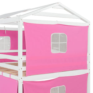 English Elm Full Size Kids Playhouse Bunk Bed Pinewood Frame with Tent Roof and Window Cutouts Pink LT000380AAH-1