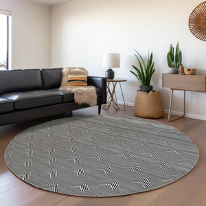 HomeRoots 8' Black And Ivory Abstract Geometric Washable Round Rug - Durable, UV-Protected Accent for Every Home 672311