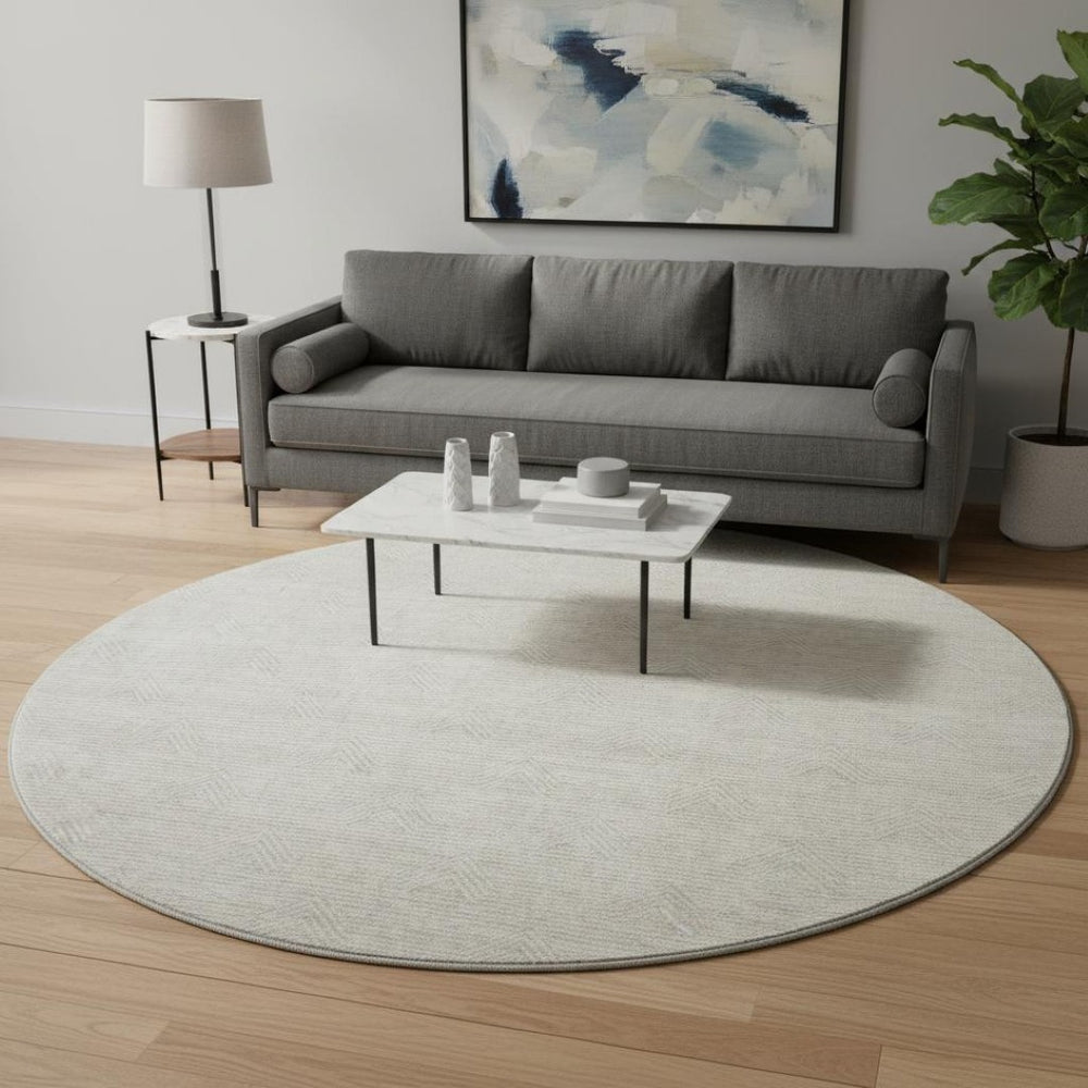 HomeRoots 8' Ivory and Beige Abstract Geometric Washable Round Rug - Stain Resistant, UV Protected, Soft Comfort 672341