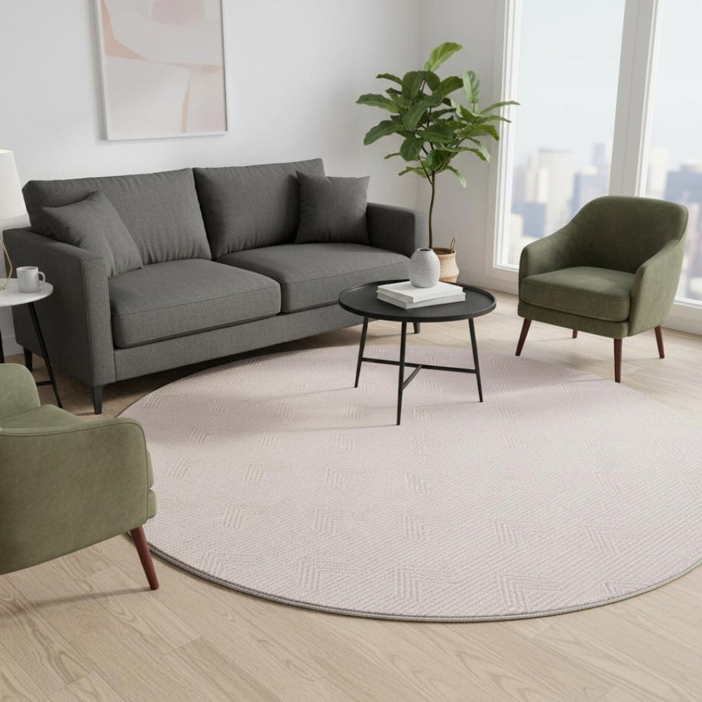 HomeRoots 8' Pink And Ivory Abstract Geometric Washable Round Rug – Stylish, Durable, UV-Protected Design! 672359