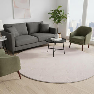 HomeRoots 8' Pink And Ivory Abstract Geometric Washable Round Rug – Stylish, Durable, UV-Protected Design! 672359