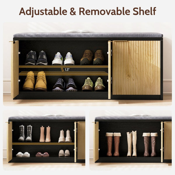 English Elm Vividwood Entryway Storage Bench Slatted Doors Padded Seat Modern Farmhouse Style T5618P505963