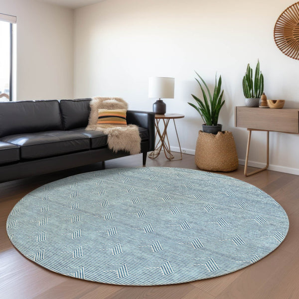HomeRoots 8' Teal and Ivory Abstract Geometric Round Rug - UV Protected, Washable, Stylish for High-Traffic Areas 672377