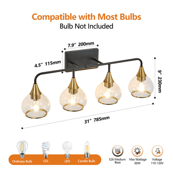 English Elm 31" Modern 4-Light Vanity Wall Sconce - Industrial Black & Gold Fixture With Clear Shades For Bright Spaces W2312P374981