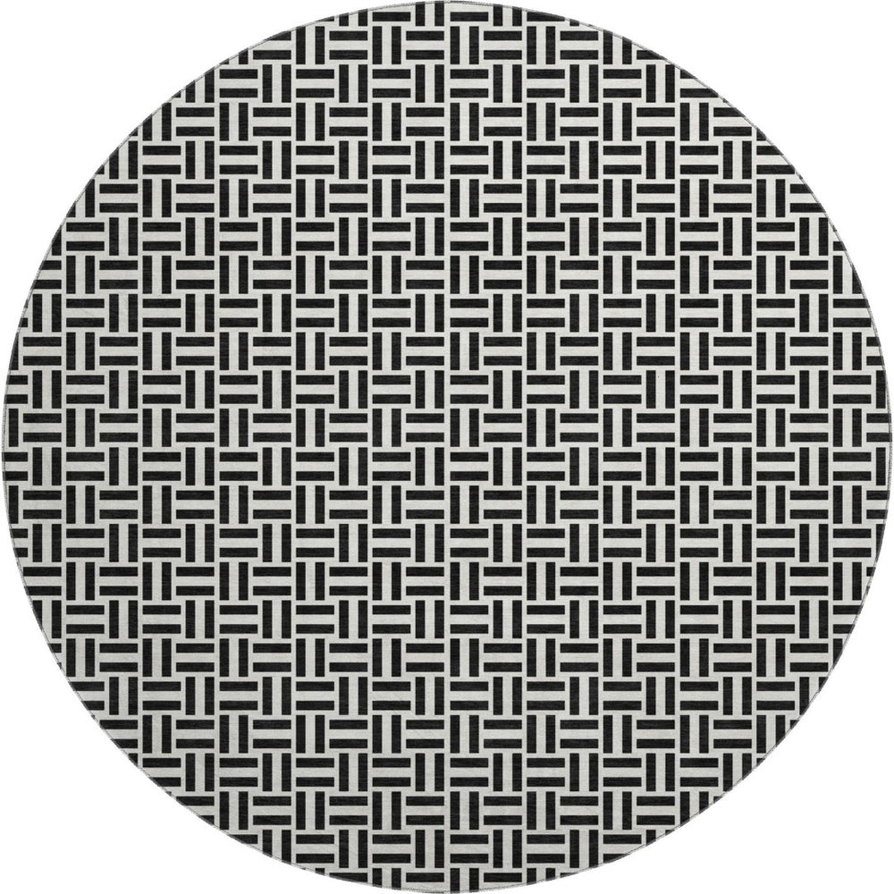 HomeRoots 8' Black And Ivory Geometric Washable Round Rug – Durable, Stylish, UV-Protected for Every Space 672389
