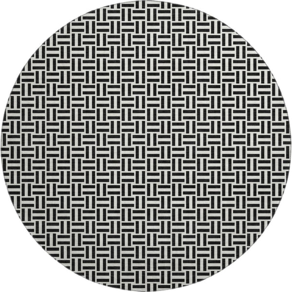 HomeRoots 8' Black And Ivory Geometric Washable Round Rug – Durable, Stylish, UV-Protected for Every Space 672389