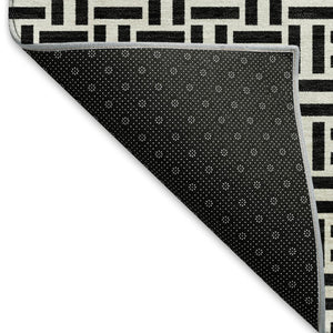 HomeRoots 8' X 10' Black And Ivory Geometric Area Rug - Washable, UV Protected, Durable for High-Traffic Areas 672390