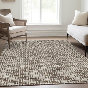HomeRoots 5' Modern Brown and Ivory Geometric Area Rug - Washable, UV Protected, Stain Resistant for Homes 672394
