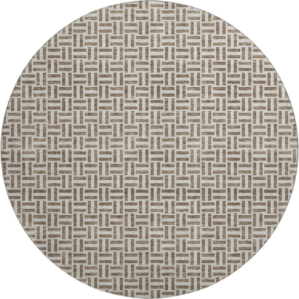 HomeRoots 8' Brown and Ivory Geometric Round Rug with UV Protection - Stylish, Washable, Durable, Easy-Care Design! 672395