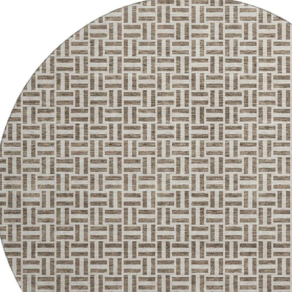 HomeRoots 8' Brown and Ivory Geometric Round Rug with UV Protection - Stylish, Washable, Durable, Easy-Care Design! 672395