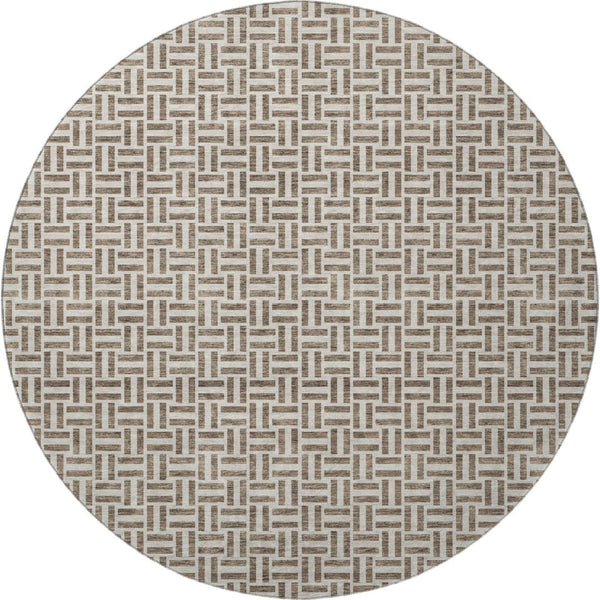 HomeRoots 8' Brown and Ivory Geometric Round Rug with UV Protection - Stylish, Washable, Durable, Easy-Care Design! 672395