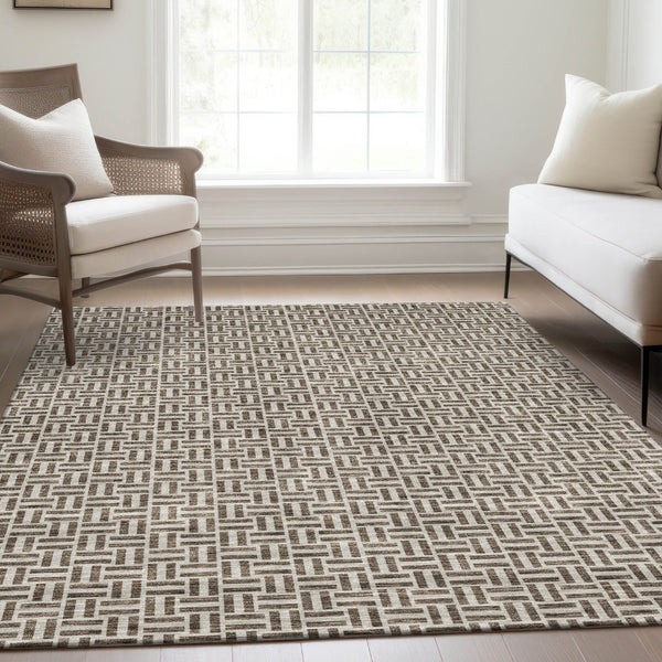 HomeRoots 8' X 10' Brown And Ivory Geometric Washable Area Rug - Durable, UV-Protected & Easy-Clean Design 672396